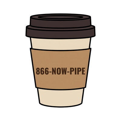 866-NOW-PIPE on a coffee cup