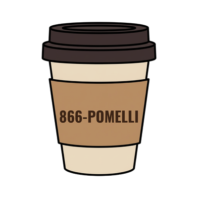 866-POMELLI on a coffee cup