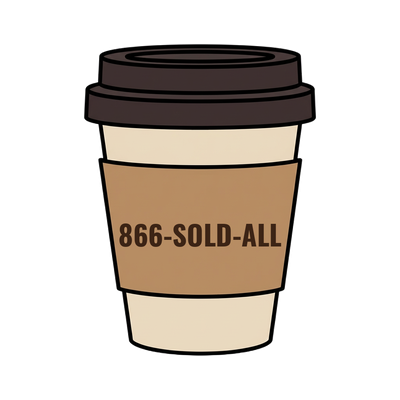 866-SOLD-ALL on a coffee cup