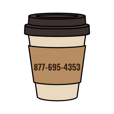 877-695-4353 on a coffee cup