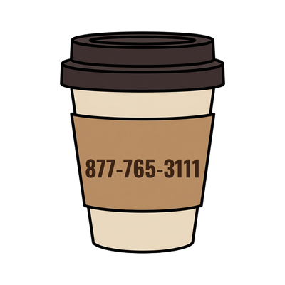 877-765-3111 on a coffee cup