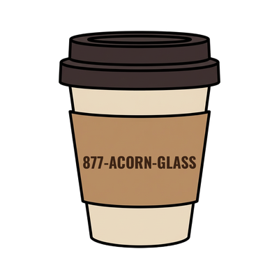 877-ACORN-GLASS on a coffee cup