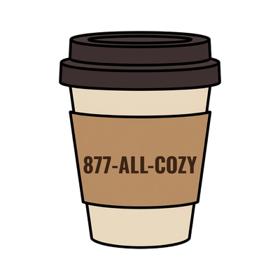 877-ALL-COZY on a coffee cup