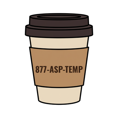 877-ASP-TEMP on a coffee cup