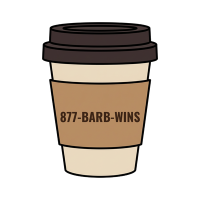 877-BARB-WINS on a coffee cup