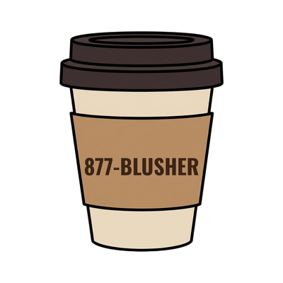 877-BLUSHER on a coffee cup