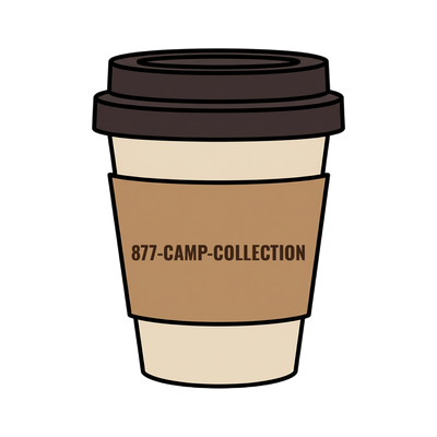 877-CAMP-COLLECTION on a coffee cup