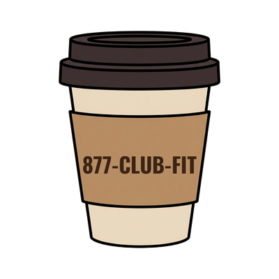 877-CLUB-FIT on a coffee cup
