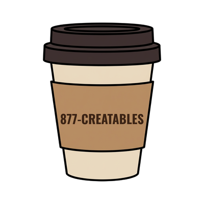 877-CREATABLES on a coffee cup
