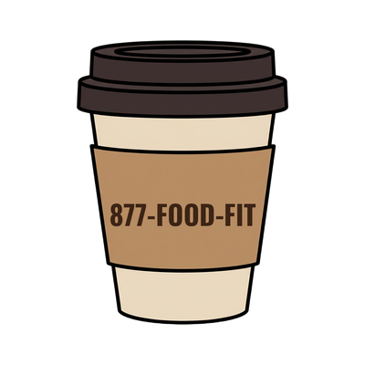 877-FOOD-FIT on a coffee cup