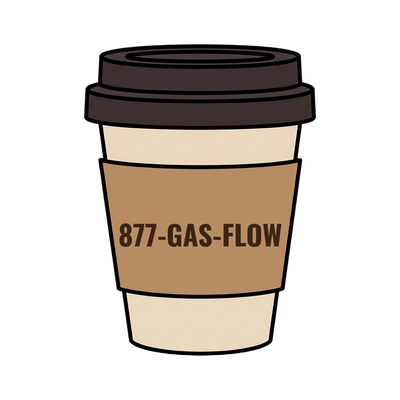 877-GAS-FLOW on a coffee cup