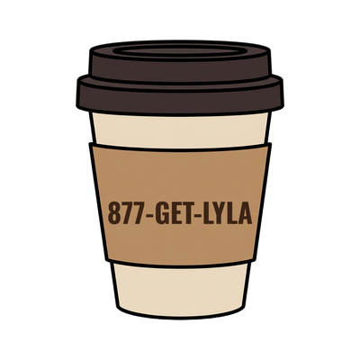 877-GET-LYLA on a coffee cup