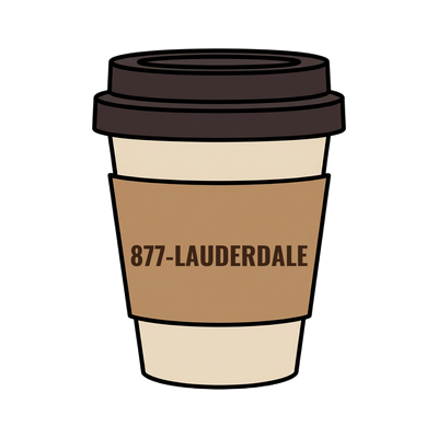 877-LAUDERDALE on a coffee cup