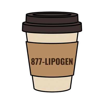 877-LIPOGEN on a coffee cup