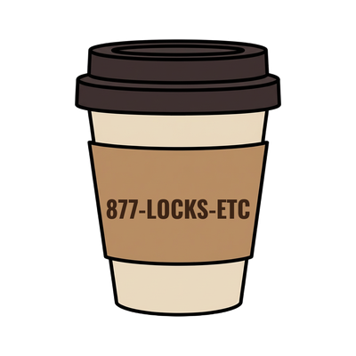 877-LOCKS-ETC on a coffee cup