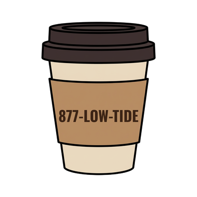 877-LOW-TIDE on a coffee cup