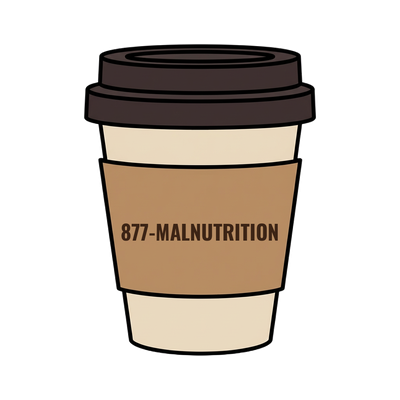 877-MALNUTRITION on a coffee cup