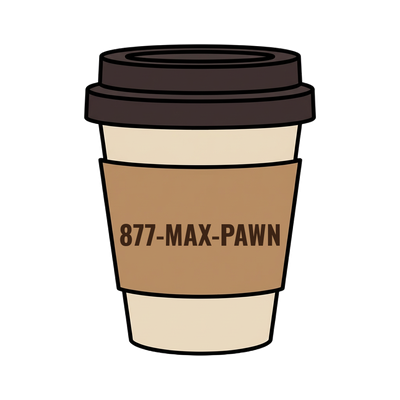 877-MAX-PAWN on a coffee cup