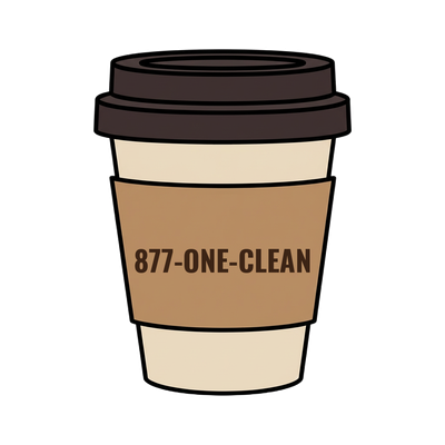 877-ONE-CLEAN on a coffee cup