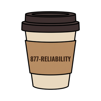 877-RELIABILITY on a coffee cup