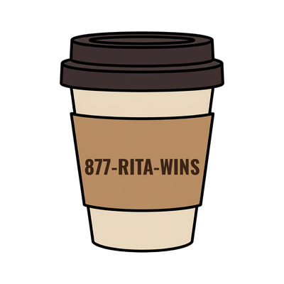 877-RITA-WINS on a coffee cup