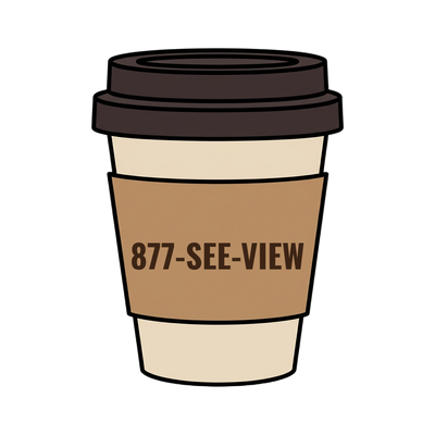 877-SEE-VIEW on a coffee cup