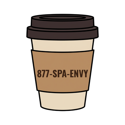 877-SPA-ENVY on a coffee cup