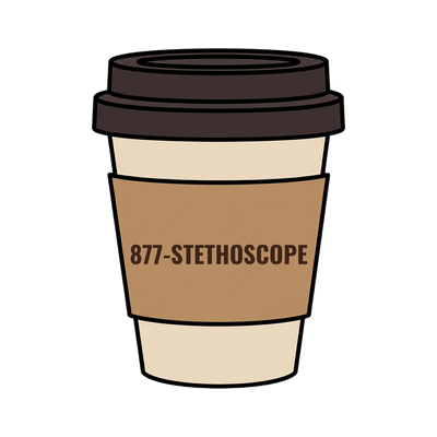 877-STETHOSCOPE on a coffee cup