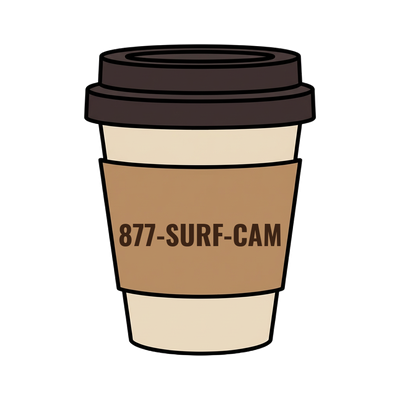 877-SURF-CAM on a coffee cup