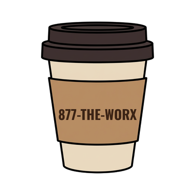 877-THE-WORX on a coffee cup