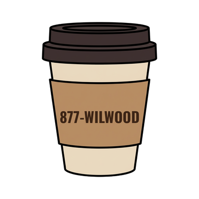 877-WILWOOD on a coffee cup