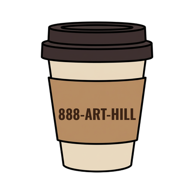 888-ART-HILL on a coffee cup