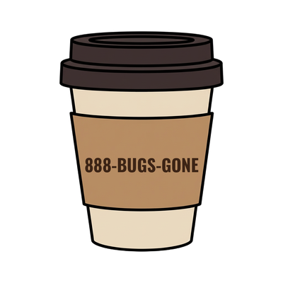 888-BUGS-GONE on a coffee cup