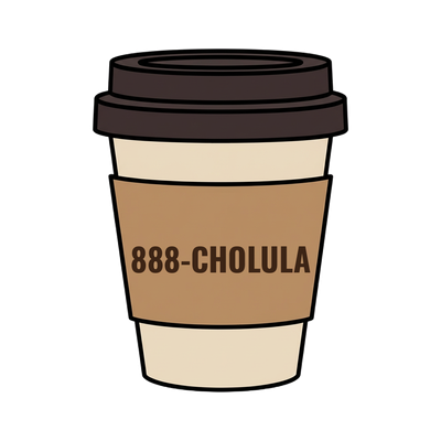 888-CHOLULA on a coffee cup