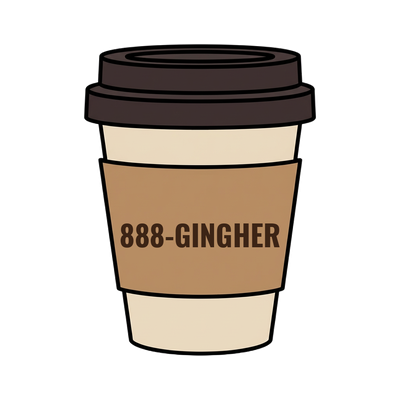 888-GINGHER on a coffee cup