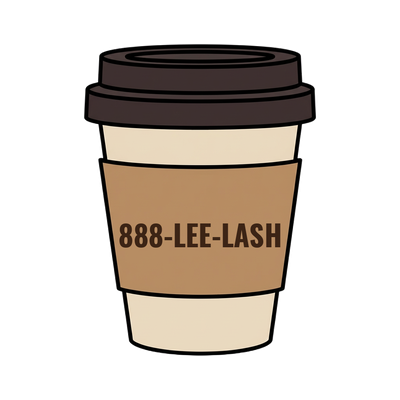 888-LEE-LASH on a coffee cup