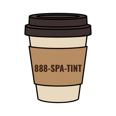 888-SPA-TINT on a coffee cup