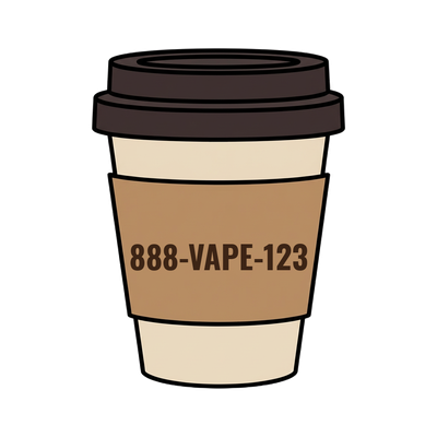 888-VAPE-123 on a coffee cup